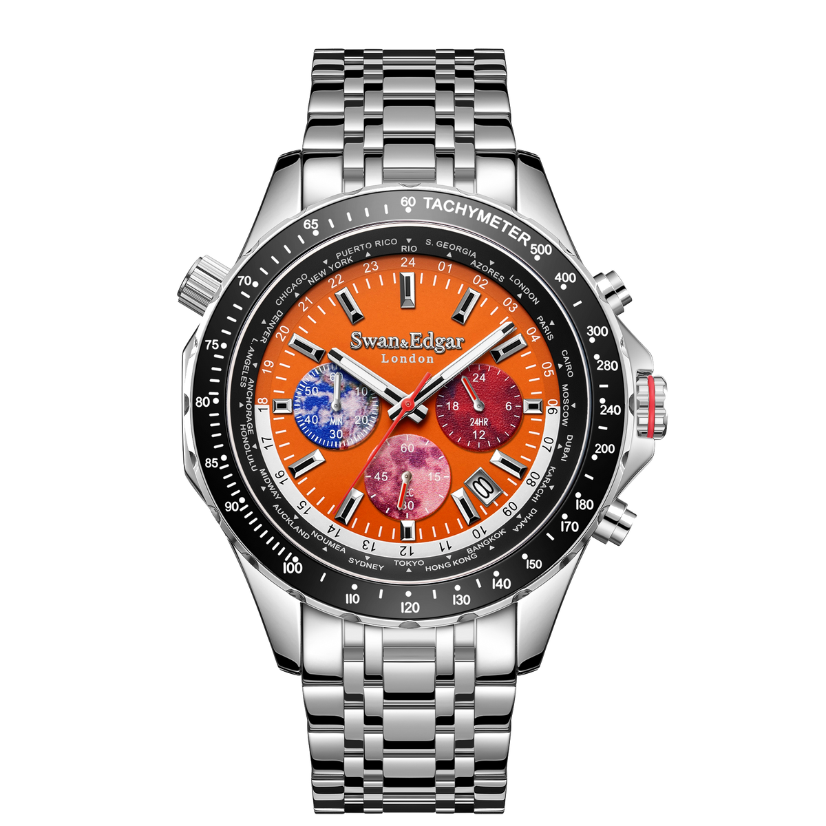 World Timer Mechanical Quartz Hybrid- Steel Matt Orange