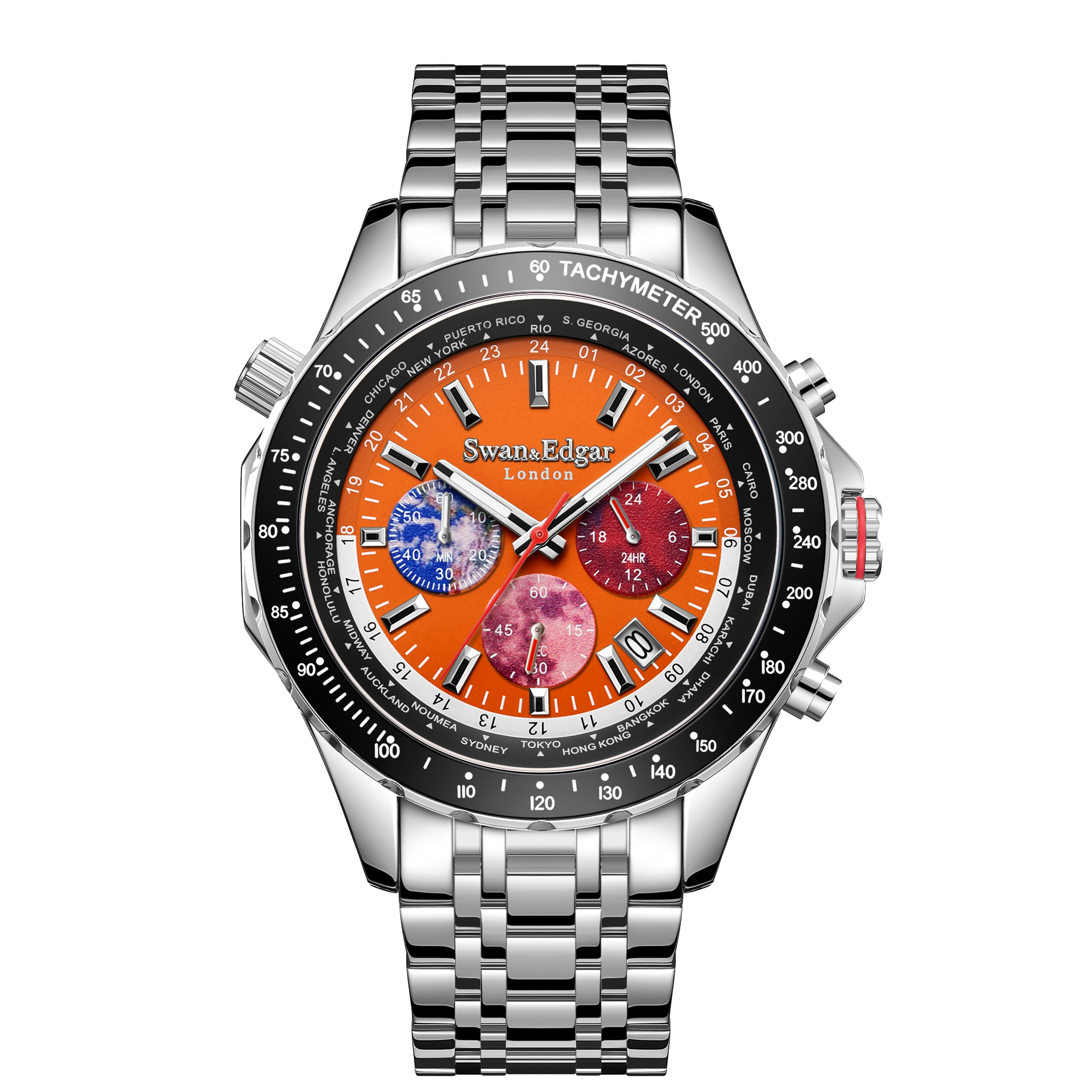 World Timer Mechanical Quartz Hybrid- Steel Matt Orange